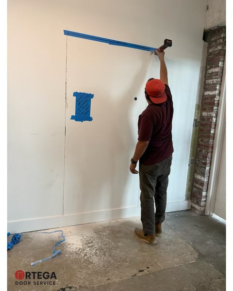 Worker in red cap installing blue tape or trim on white wall during home renovation