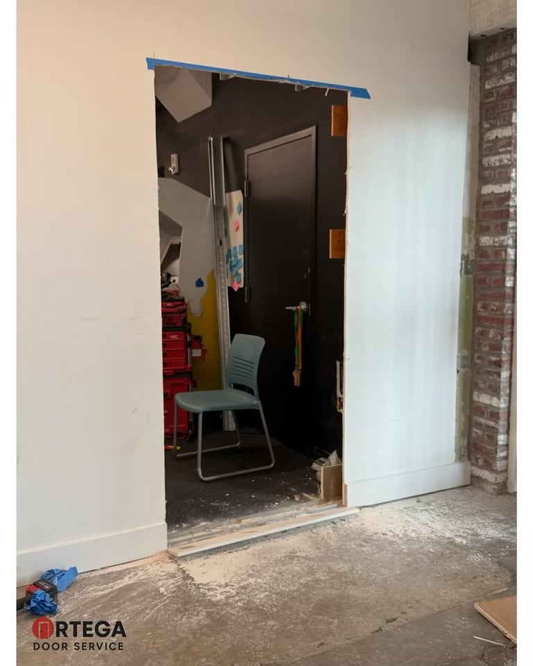Doorway opening to unfinished room under construction with white sliding door and blue header frame visible